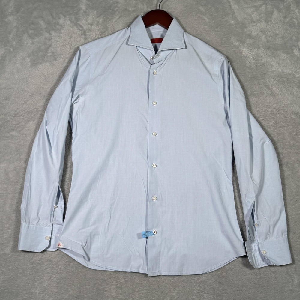 Isaia Napoli Dress Shirt Mens 16 Blue Made Italy Spread Collar Long Sleeve *FLAW